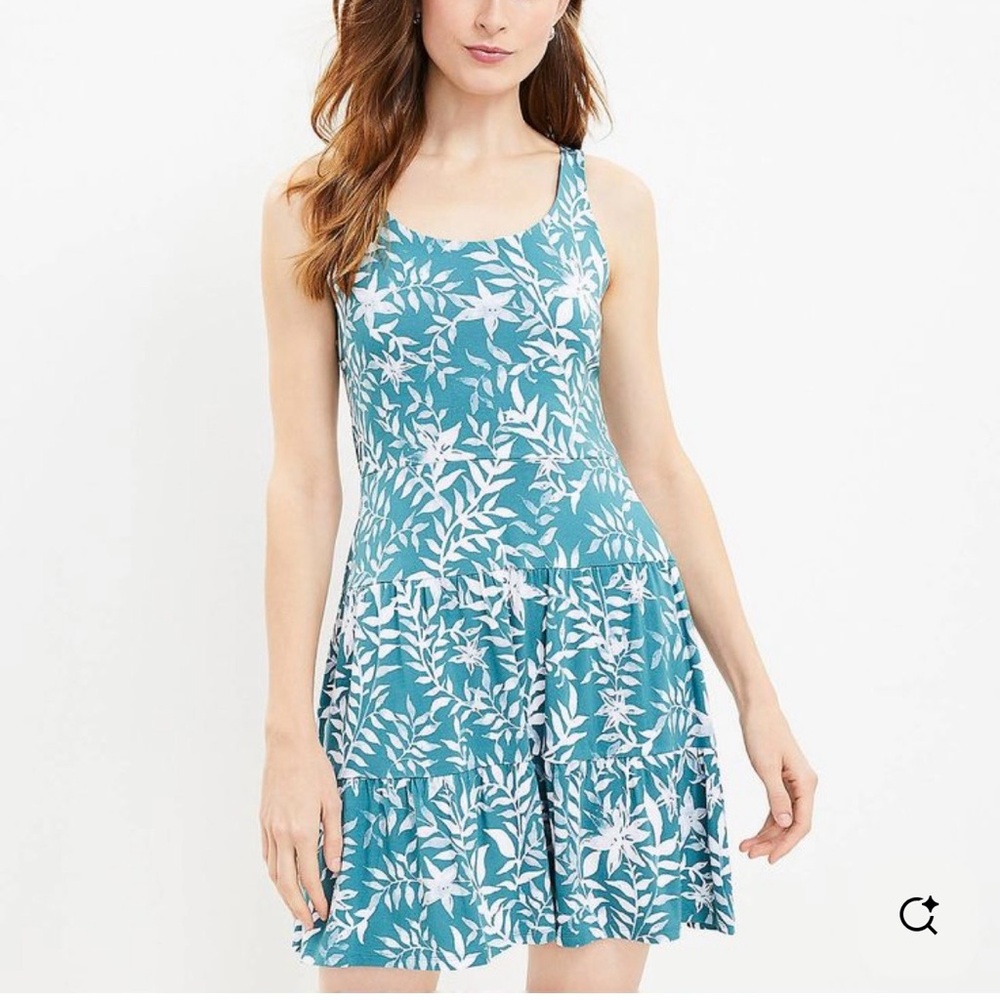 LOFT Leafed Tiered Swing Dress Jade XS